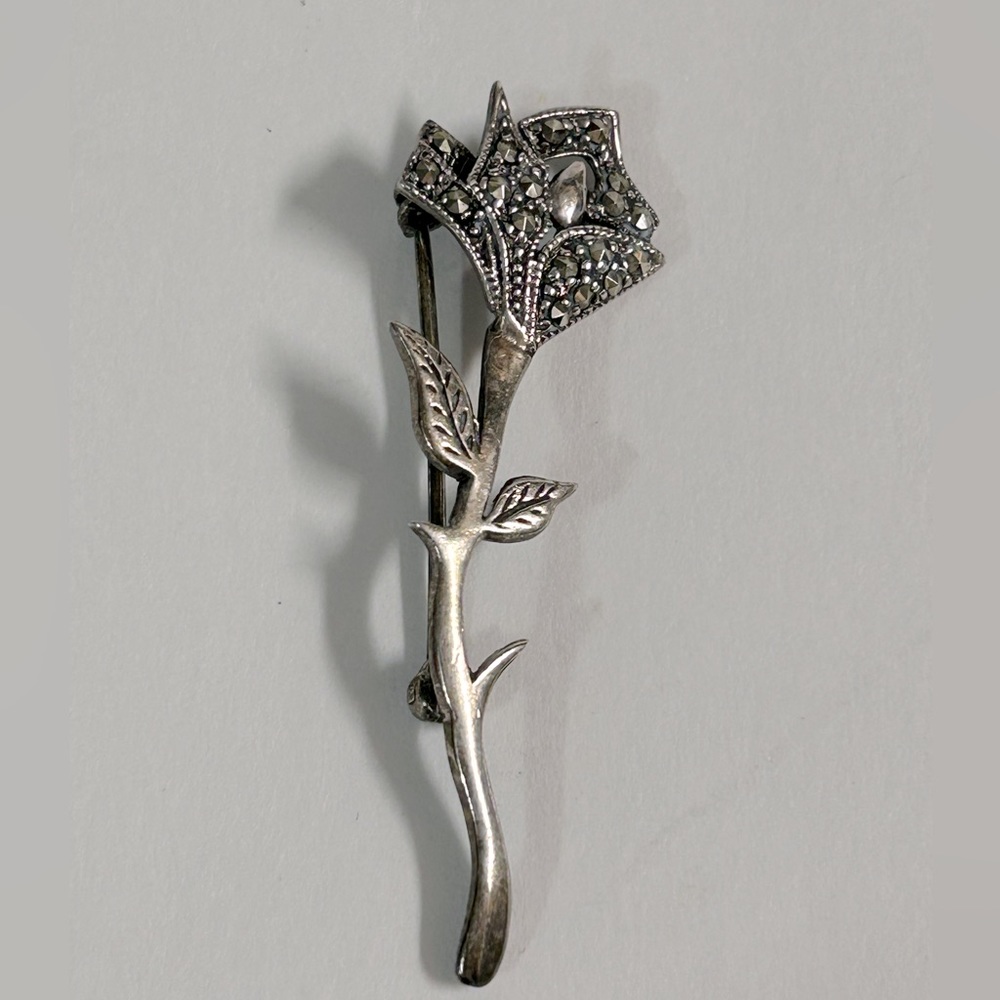 Marcasite Rose Sterling Brooch